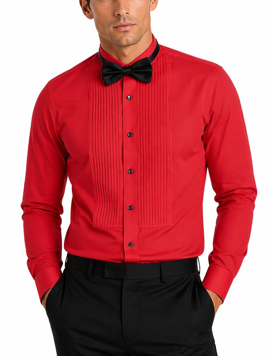 FAHIZO Men's White Tuxedo Shirt with Wing Collar, French Cuffs & Accessories