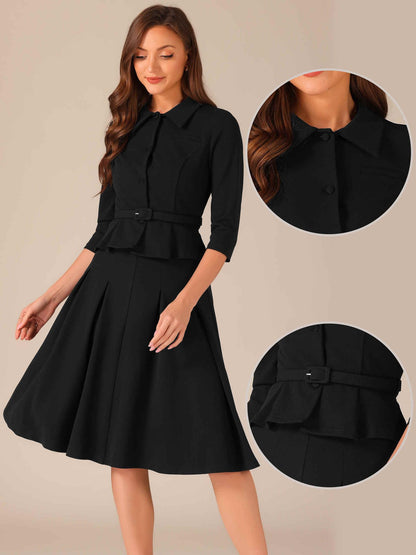 Allegra K Business Skirt Suit Sets for Women's 2 Piece Outfits Office 3/4 Sleeve Blazer Jacket Pleated Skirts