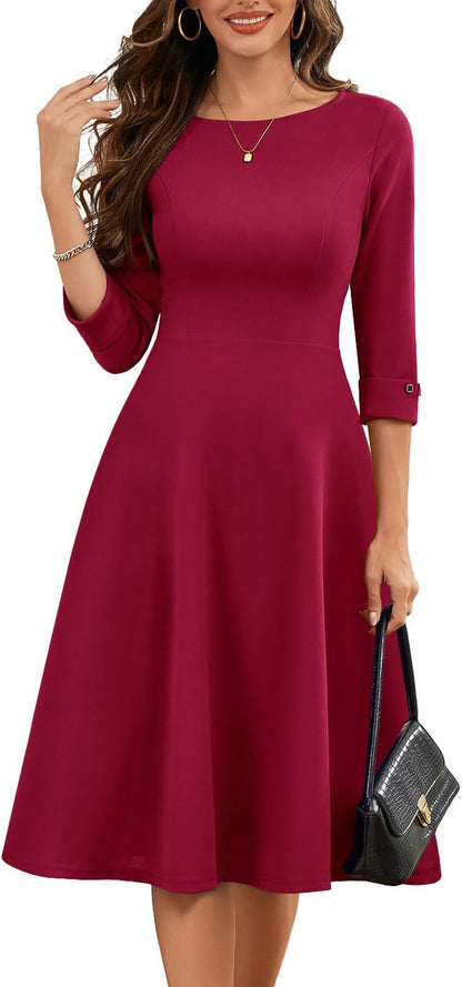 HomRain Women's Fit and Flare Midi Dress-3/4 Sleeve Modest Church Dress Classy Causal Work Dresses with Pockets