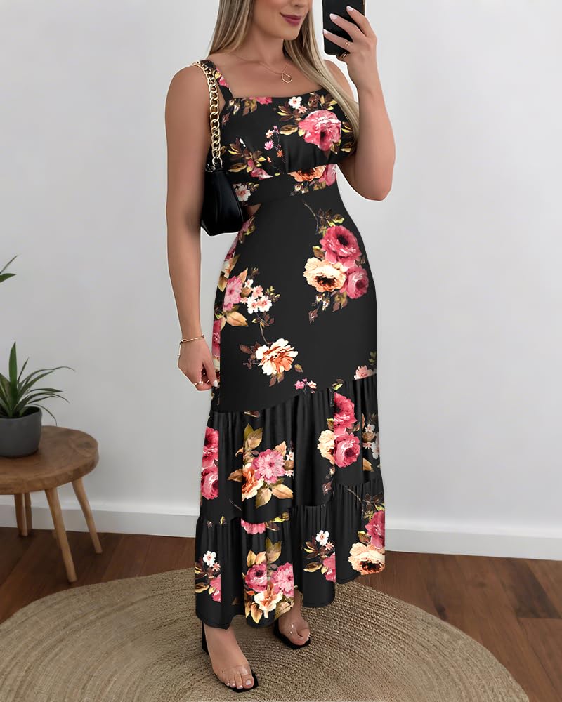 CHICME Summer Dresses for Women 2026 Sleeveless Casual Boho Maxi Dress Square Neck Cut Out Floral A Line Dress