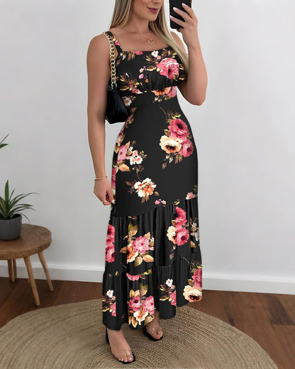 CHICME Summer Dresses for Women 2026 Sleeveless Casual Boho Maxi Dress Square Neck Cut Out Floral A Line Dress