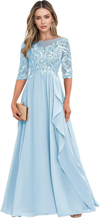 Long Mother of The Bride Dresses for Wedding Guest Half Sleeves Ruffle A Line Evening Party Gown HX012