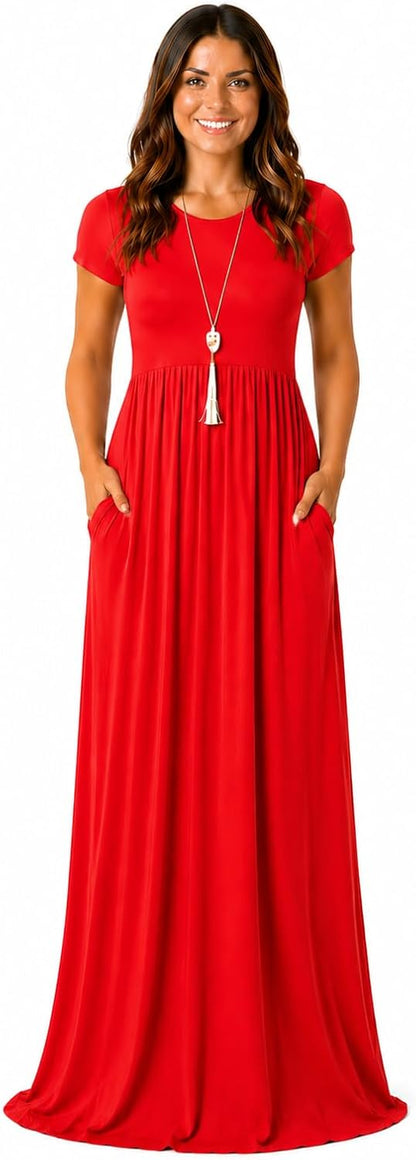 AUOMITH Women's 2026 Summer Short Sleeve Empire High Waist Long Maxi Dress with Pockets