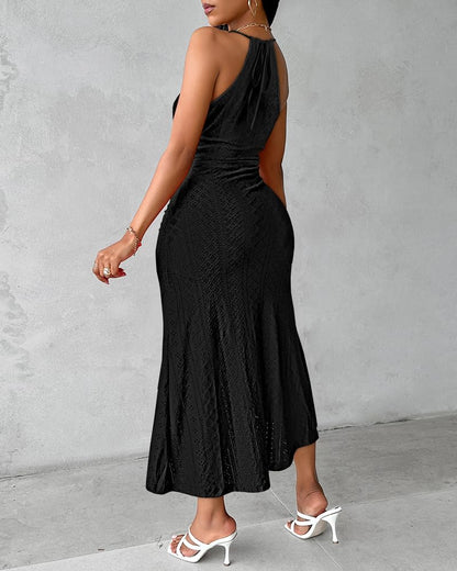 CHICME Womens Summer Halter Dress Hollow Out A Line Vacation Dresses with Eyelet Embroidery & Side Slit