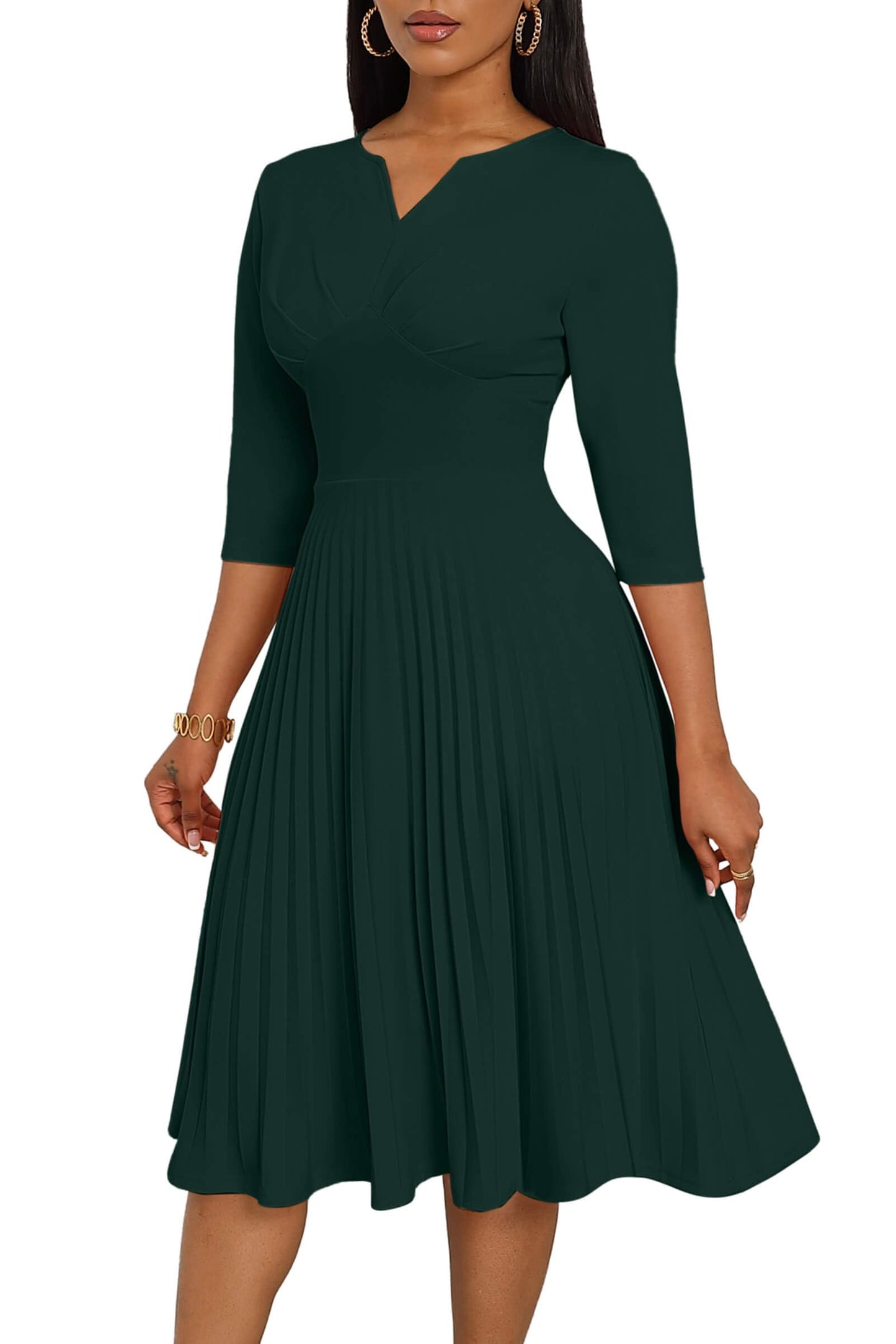 CLOCOR Midi Dresses for Women, 3/4 Sleeve A Line Pleated Casual Dress V Neck Church Cocktail Wedding Guest Dress