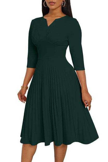 CLOCOR Midi Dresses for Women, 3/4 Sleeve A Line Pleated Casual Dress V Neck Church Cocktail Wedding Guest Dress