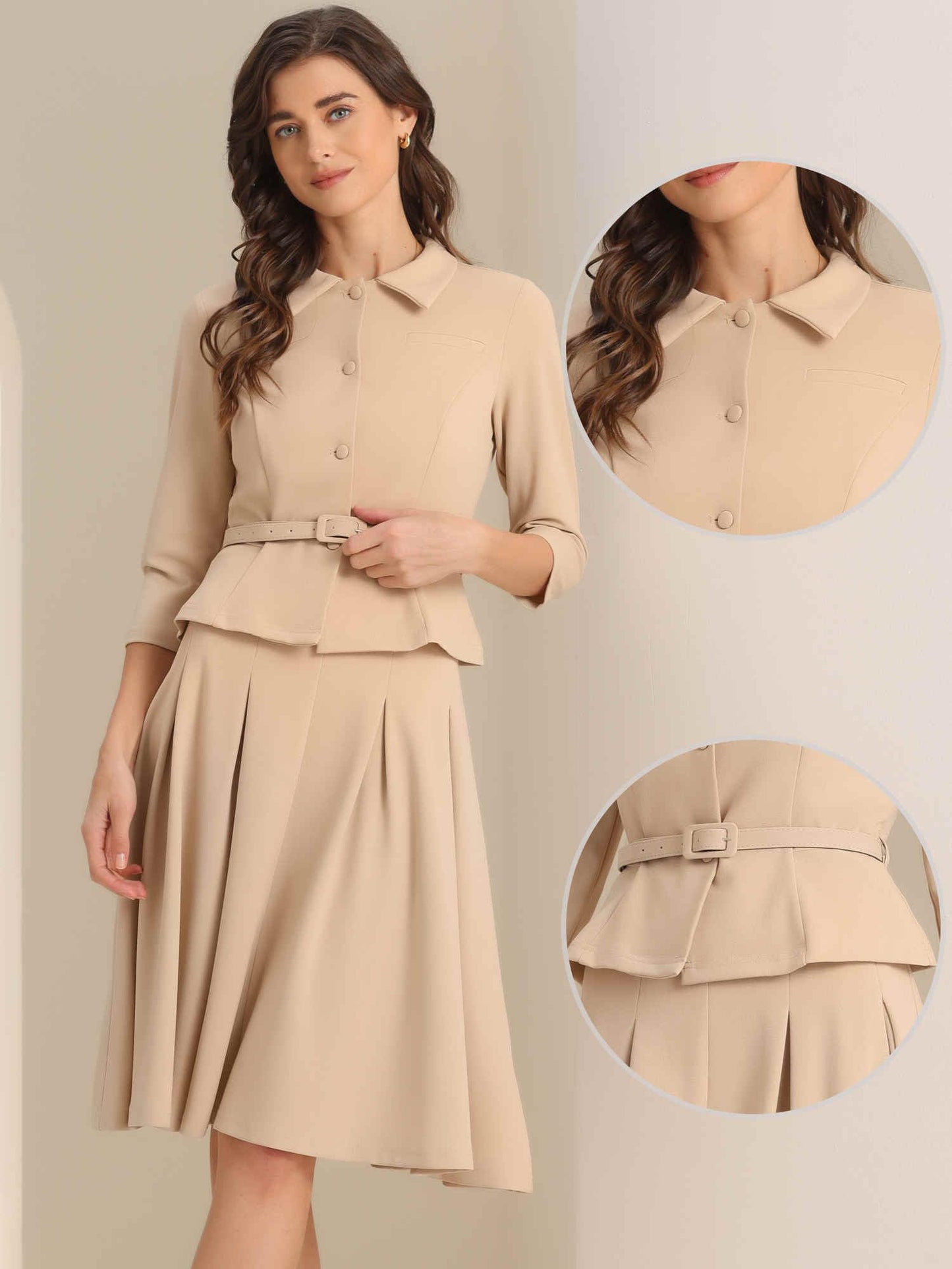 Allegra K Business Skirt Suit Sets for Women's 2 Piece Outfits Office 3/4 Sleeve Blazer Jacket Pleated Skirts