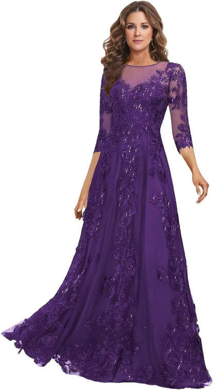 Lace Mother of the Bride Dress Long for Wedding Party Guest 3/4 Sleeves Formal Evening Gown JH028