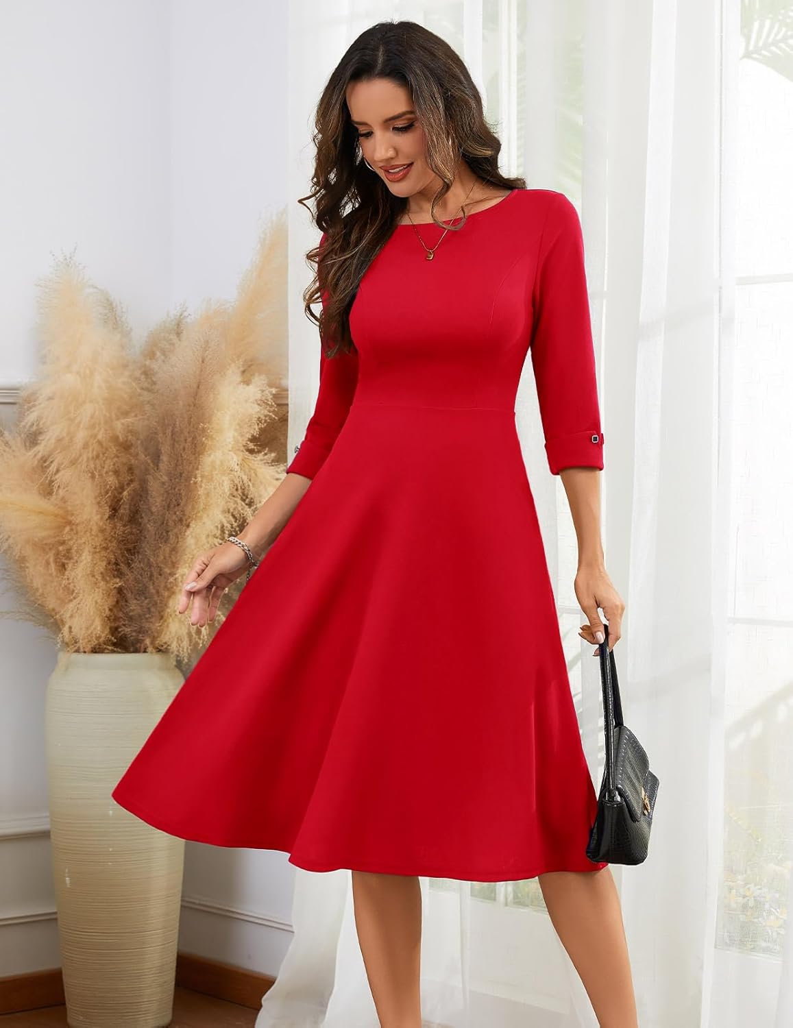 HomRain Women's Fit and Flare Midi Dress-3/4 Sleeve Modest Church Dress Classy Causal Work Dresses with Pockets