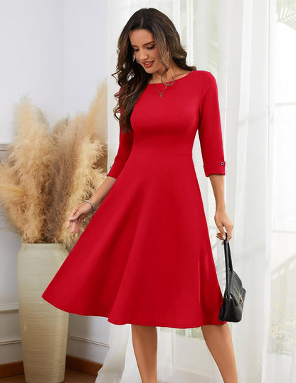 HomRain Women's Fit and Flare Midi Dress-3/4 Sleeve Modest Church Dress Classy Causal Work Dresses with Pockets