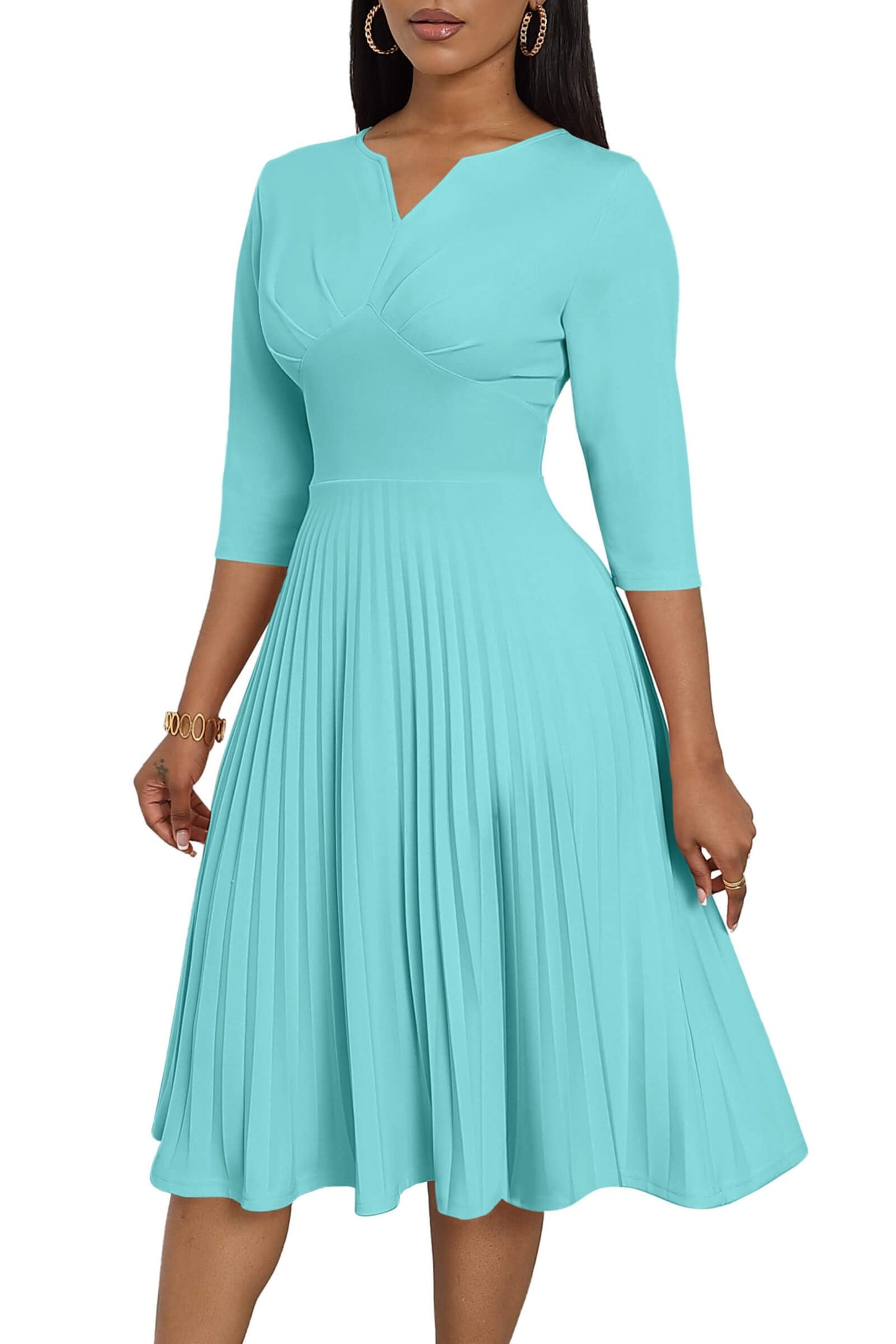 CLOCOR Midi Dresses for Women, 3/4 Sleeve A Line Pleated Casual Dress V Neck Church Cocktail Wedding Guest Dress