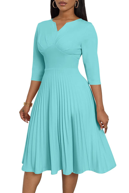 CLOCOR Midi Dresses for Women, 3/4 Sleeve A Line Pleated Casual Dress V Neck Church Cocktail Wedding Guest Dress