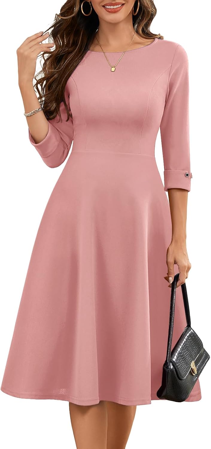 HomRain Women's Fit and Flare Midi Dress-3/4 Sleeve Modest Church Dress Classy Causal Work Dresses with Pockets