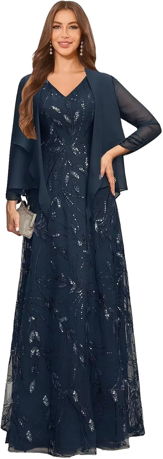 2 Piece Sequin Lace Mother of The Bride Dresses for Women with Jacket V Neck Long Formal Dresses Evening Gown