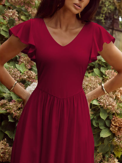 YUNDAI Women's Scoop Neck Flutter Sleeve Midi Dress with Pocket Elegant Flowy A Line Tie Back Dress