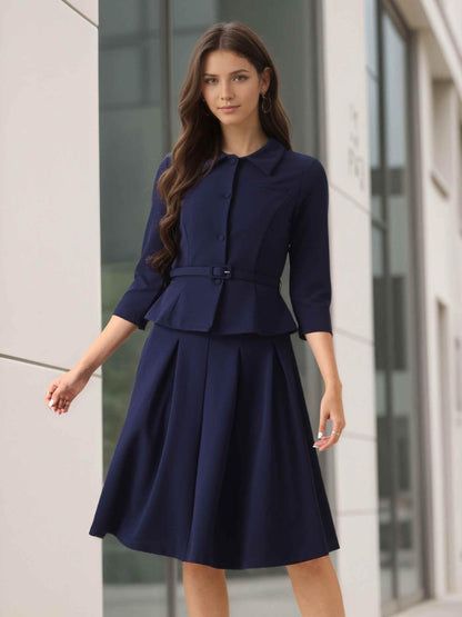 Allegra K Business Skirt Suit Sets for Women's 2 Piece Outfits Office 3/4 Sleeve Blazer Jacket Pleated Skirts