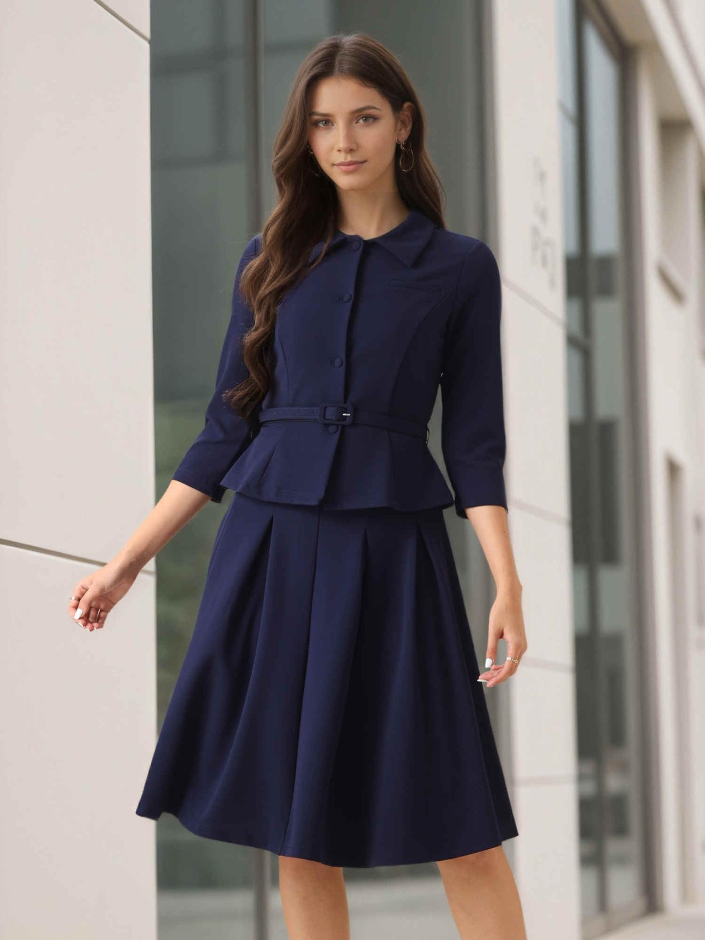 Allegra K Business Skirt Suit Sets for Women's 2 Piece Outfits Office 3/4 Sleeve Blazer Jacket Pleated Skirts