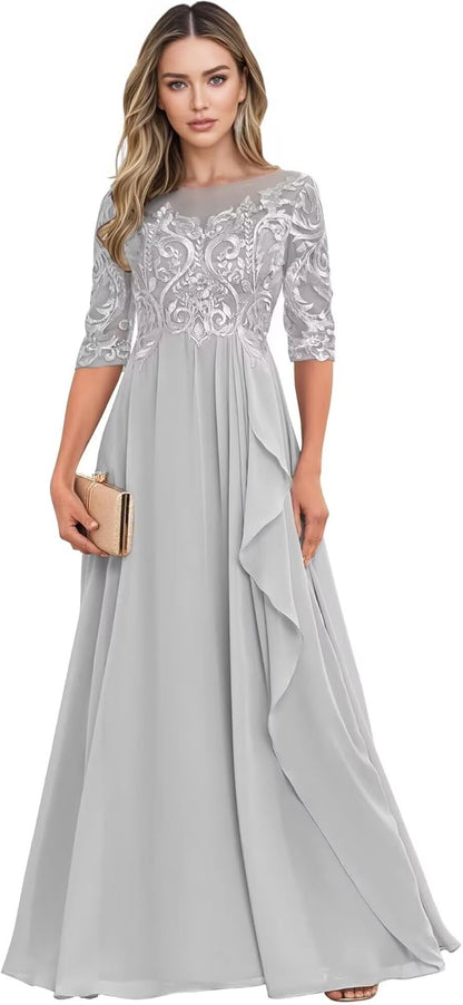 Long Mother of The Bride Dresses for Wedding Guest Half Sleeves Ruffle A Line Evening Party Gown HX012
