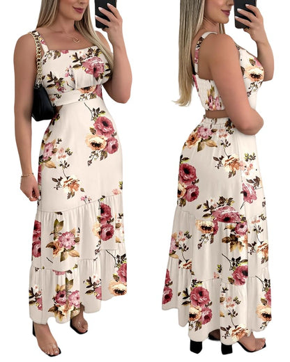 CHICME Summer Dresses for Women 2026 Sleeveless Casual Boho Maxi Dress Square Neck Cut Out Floral A Line Dress