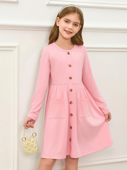 Girls Dresses Kids Button Down Midi Long Sleeve Casual A Line Dress with Pockets 4-14 Years