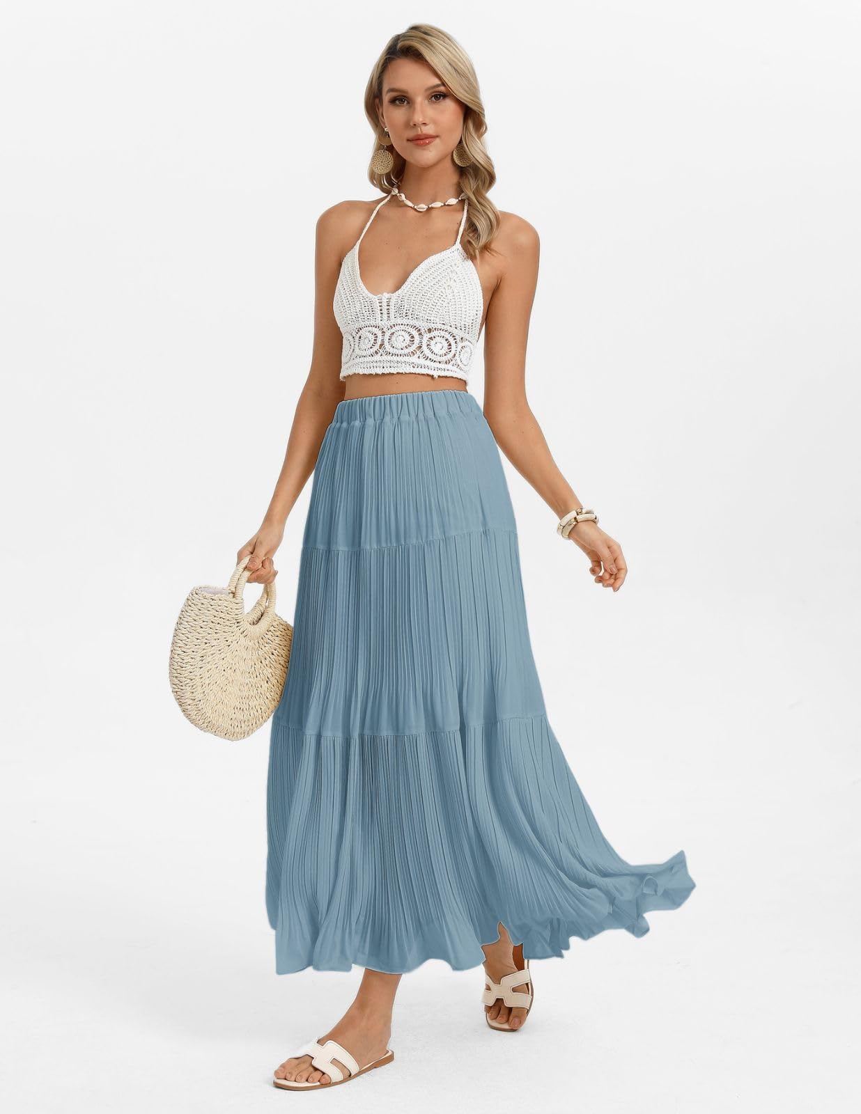 Kate Kasin 2026 Women's Chiffon Maxi Skirt, High Waist Pleated Skirts, Summer Flowy Long Skirts with Underskirt
