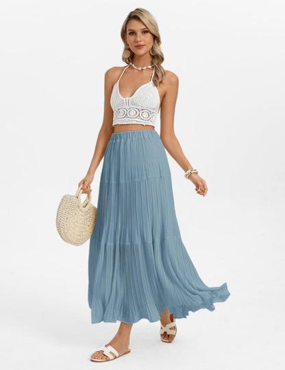 Kate Kasin 2026 Women's Chiffon Maxi Skirt, High Waist Pleated Skirts, Summer Flowy Long Skirts with Underskirt