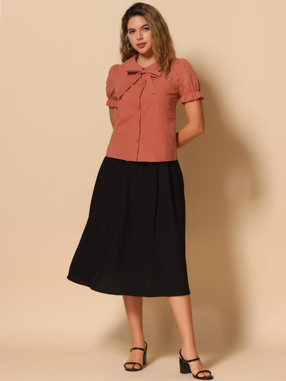 Allegra K Women's Vintage Peter Pan Collar Tie Neck Casual Cute Cotton Button-Up Shirt