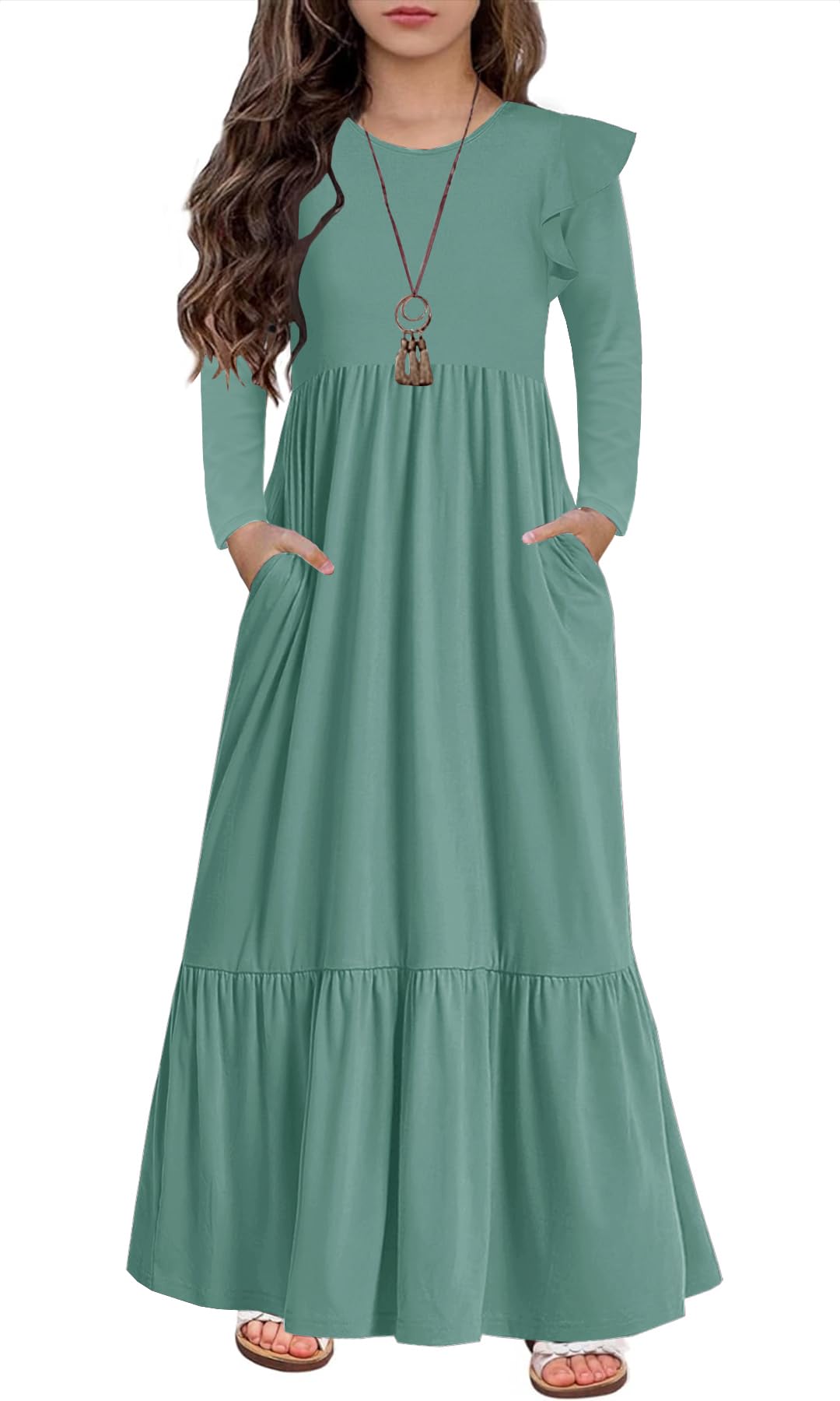 HOSIKA Girls Fall Ruffle Long Sleeve Crew Neck Loose Casual Flowy Tiered Maxi Dress with Pockets for 6-12 Y