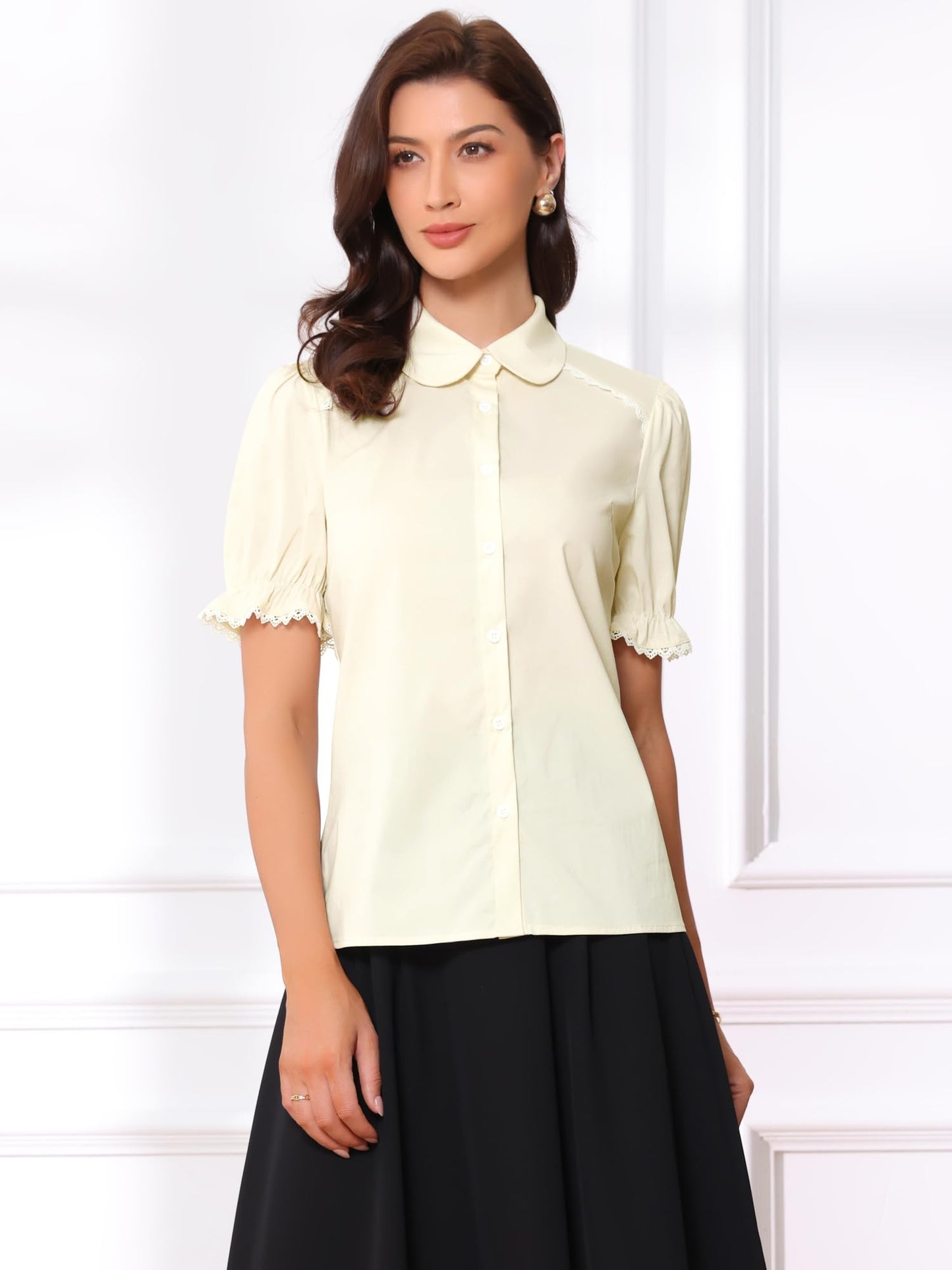 Allegra K Peter Pan Collar Shirt for Women Vintage Tops Puff Short Sleeve Button Down Retro Blouses 2026