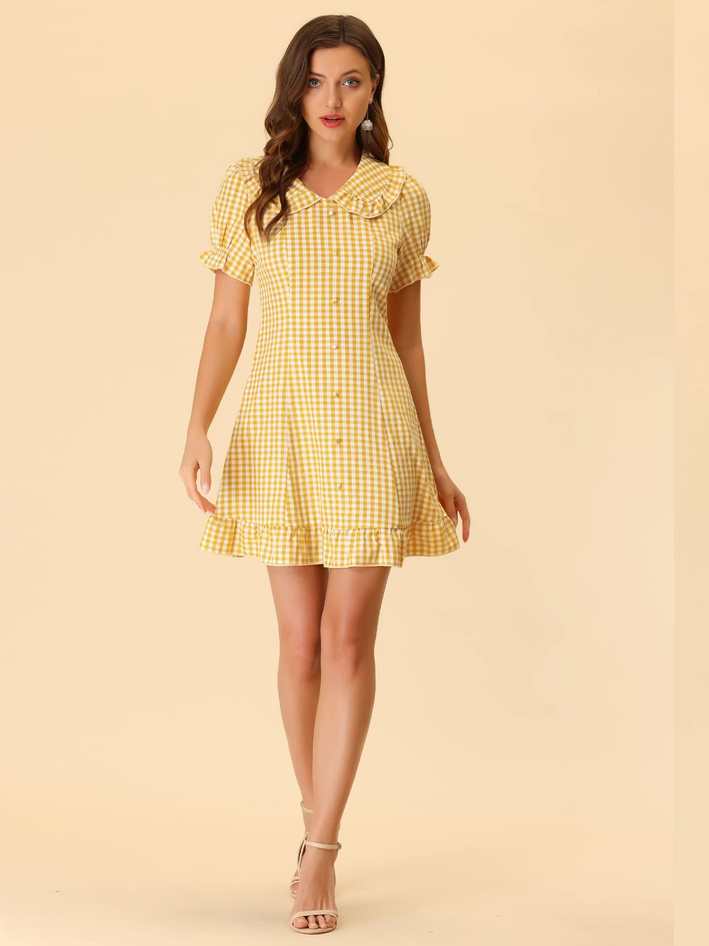 Allegra K Women's Gingham Checks Ruffled Peter Pan Collar Cute Mini Dress
