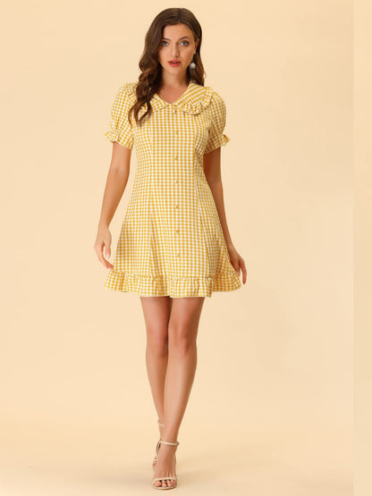 Allegra K Women's Gingham Checks Ruffled Peter Pan Collar Cute Mini Dress