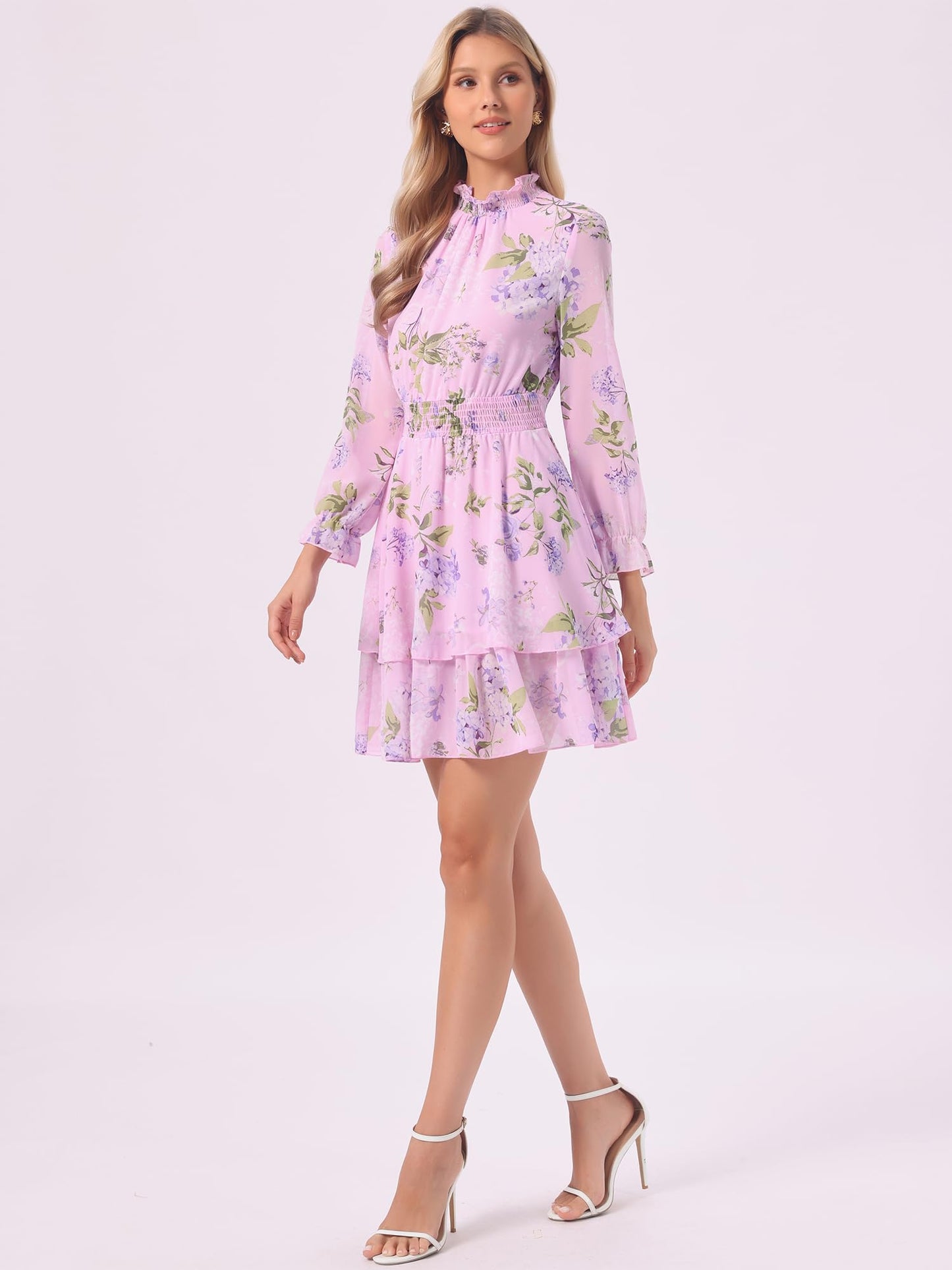Allegra K Women's Floral Dress Chiffon Long Sleeve Mock Neck Ruffle Layered Smocked Mini Dresses