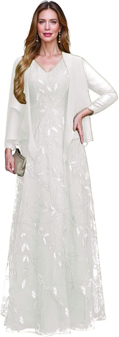2 Piece Sequin Lace Mother of The Bride Dresses for Women with Jacket V Neck Long Formal Dresses Evening Gown