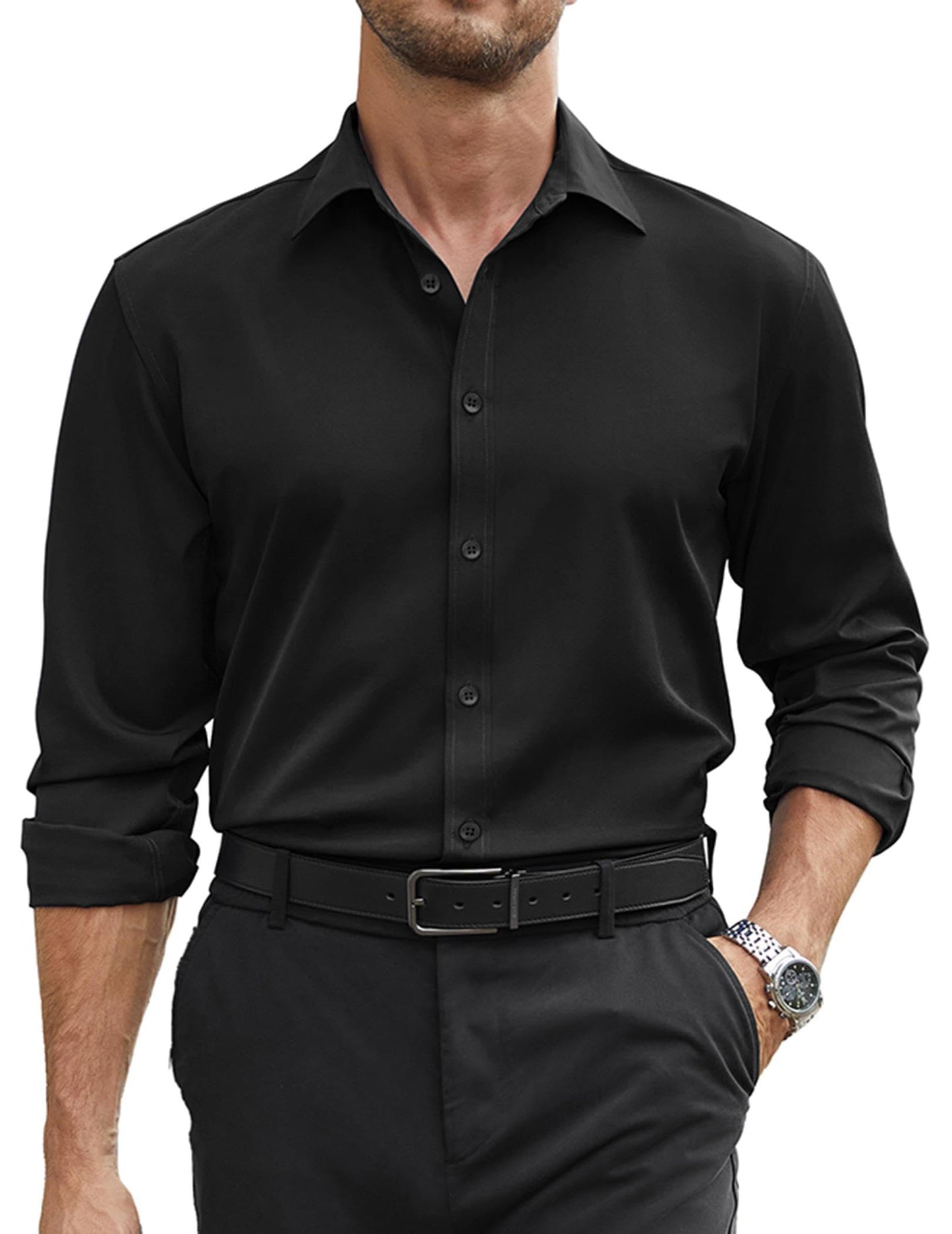 COOFANDY Mens Stretch Dress Shirts Long Sleeve Button Down Shirt Regular Fit Formal Business Wedding Shirts