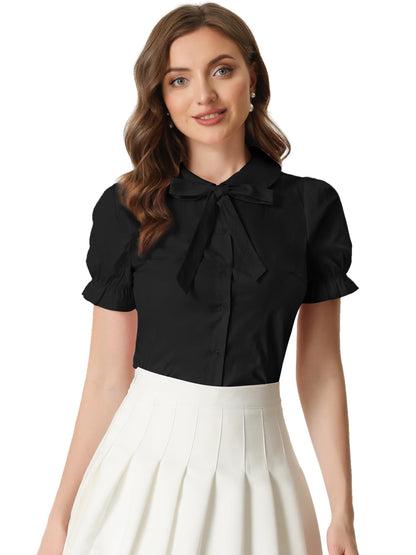 Allegra K Women's Vintage Peter Pan Collar Tie Neck Casual Cute Cotton Button-Up Shirt