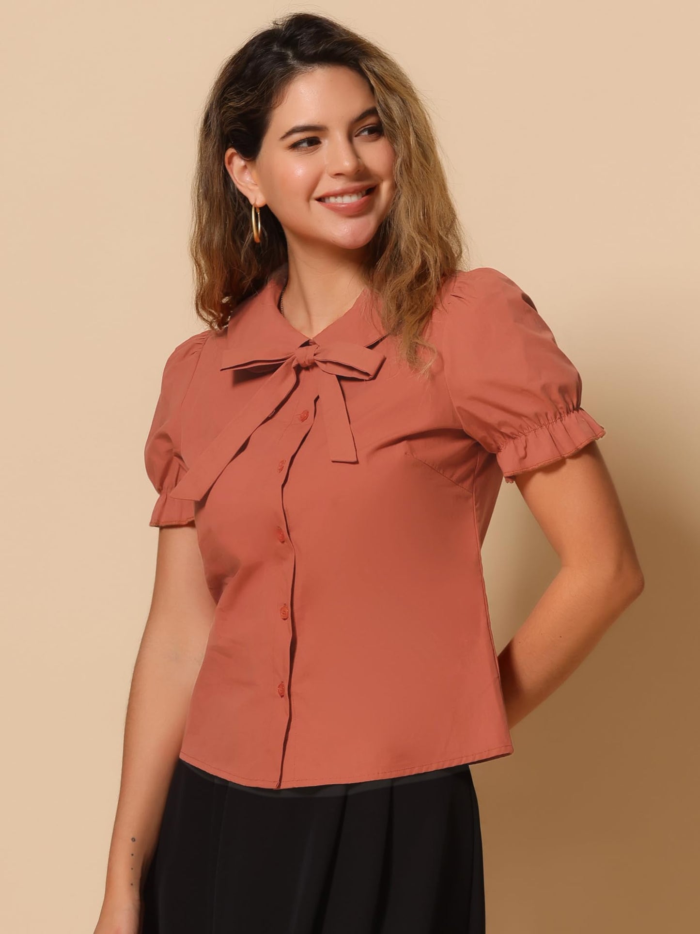Allegra K Women's Vintage Peter Pan Collar Tie Neck Casual Cute Cotton Button-Up Shirt