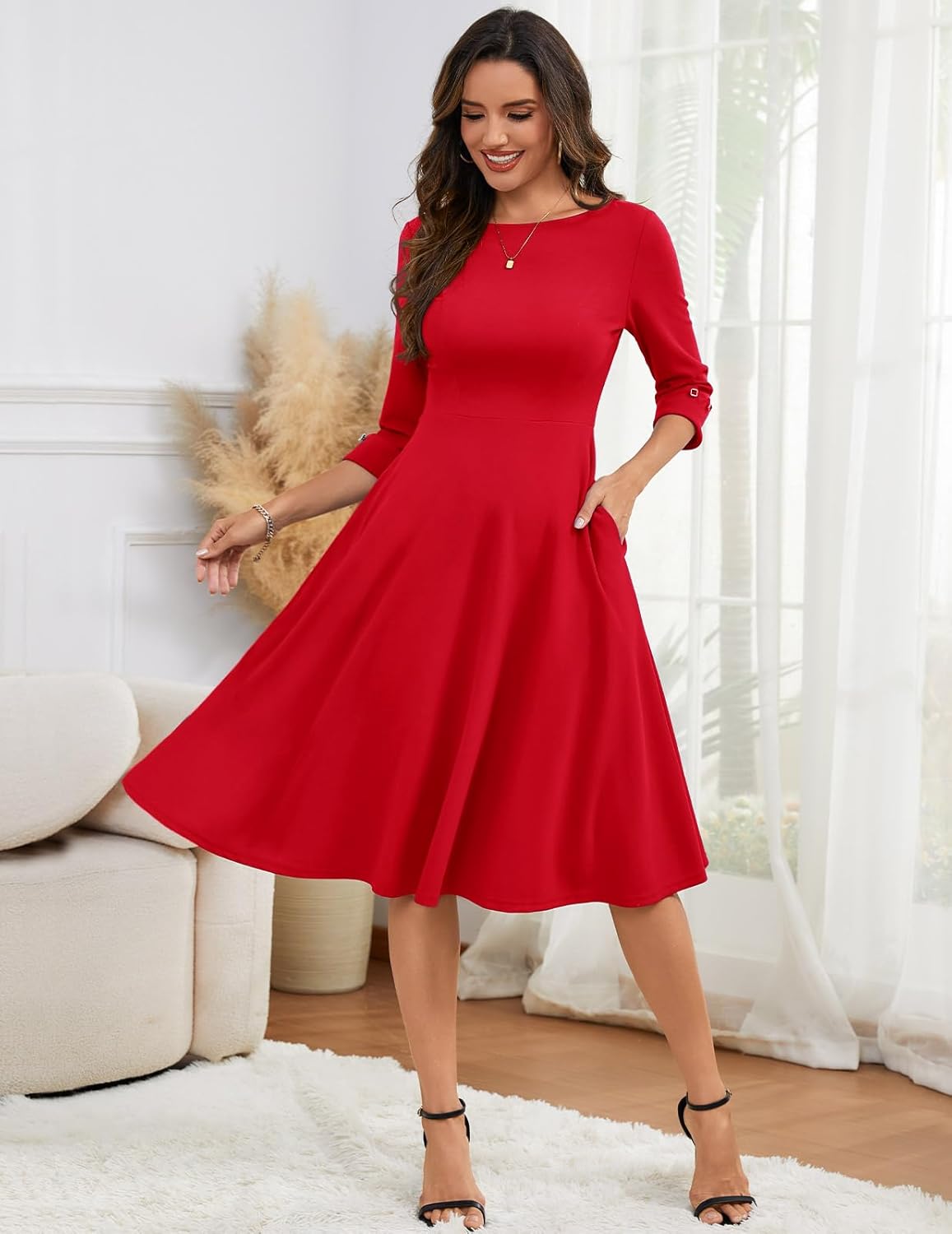 HomRain Women's Fit and Flare Midi Dress-3/4 Sleeve Modest Church Dress Classy Causal Work Dresses with Pockets