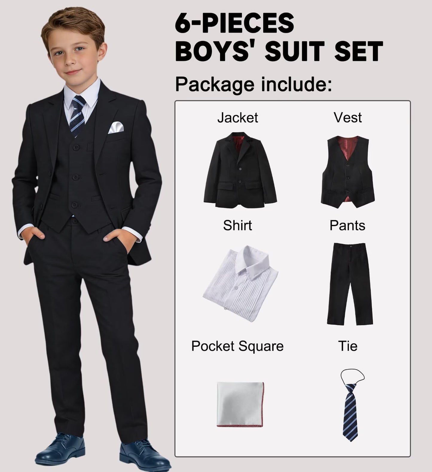 Boys' Suit Kids Formal Tuxedo Suits Set for Boys 6 Piece Dress Clothes Easter Wedding Outfit with Tie Pocket Square