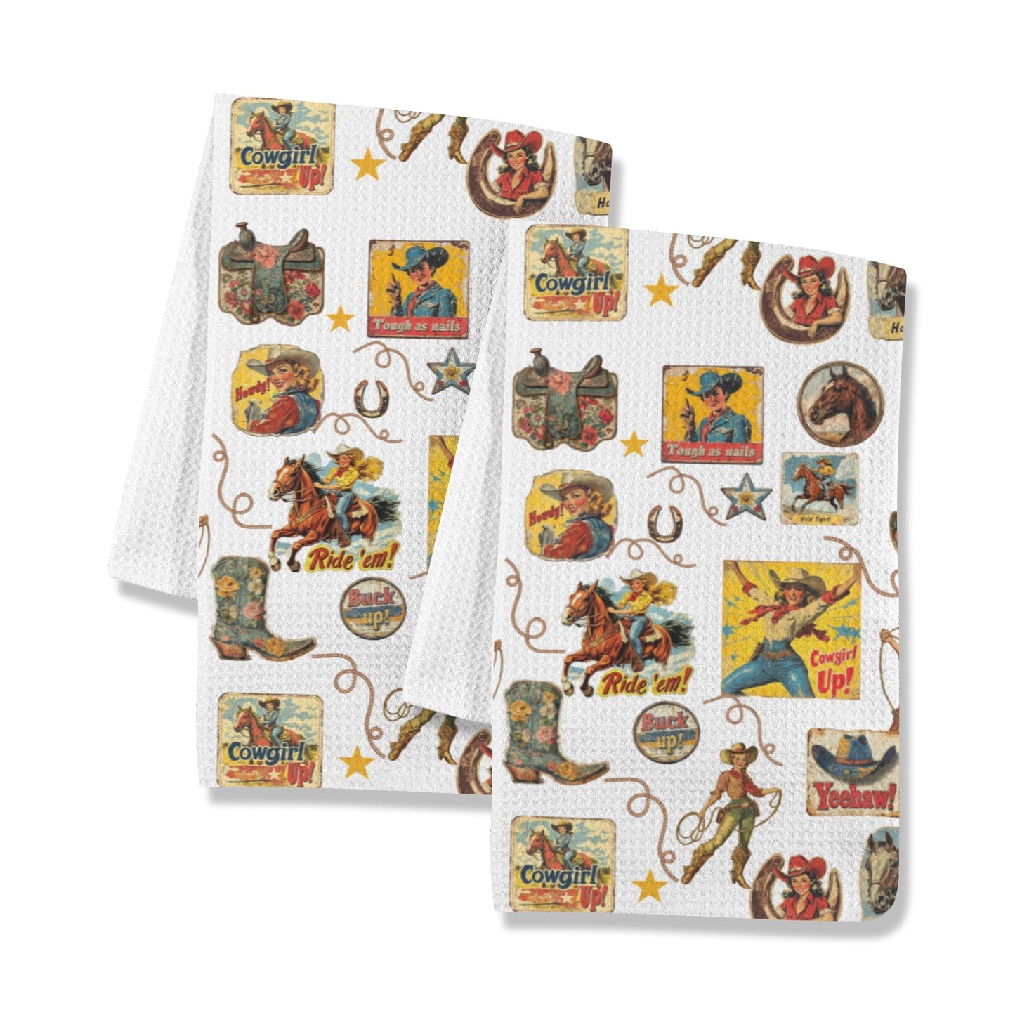 Baha Ranch Vintage Cowgirl Collage Dish Towels Set of 2 Made in America
