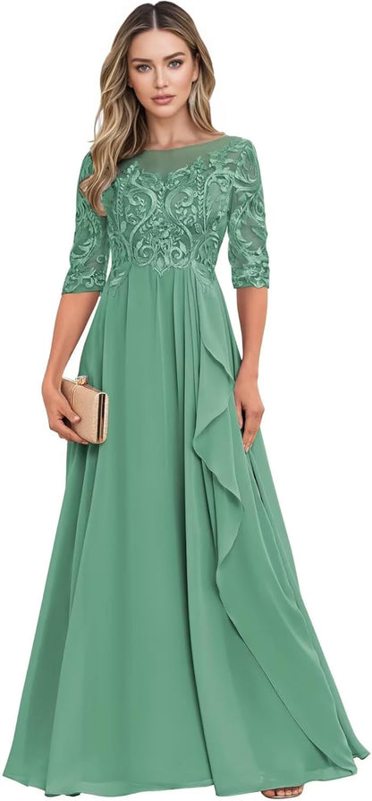 Long Mother of The Bride Dresses for Wedding Guest Half Sleeves Ruffle A Line Evening Party Gown HX012