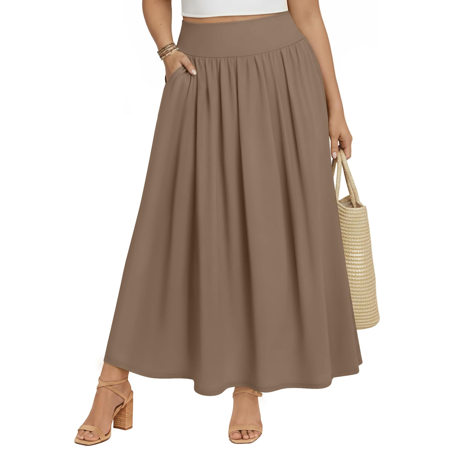 Plus Size Maxi Skirt for Curvy Women Pockets 2026 Ankle Length High Waisted Pleated Flowy a Line Summer Long Skirt