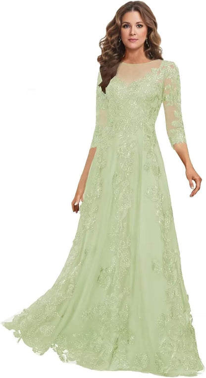 Lace Mother of the Bride Dress Long for Wedding Party Guest 3/4 Sleeves Formal Evening Gown JH028