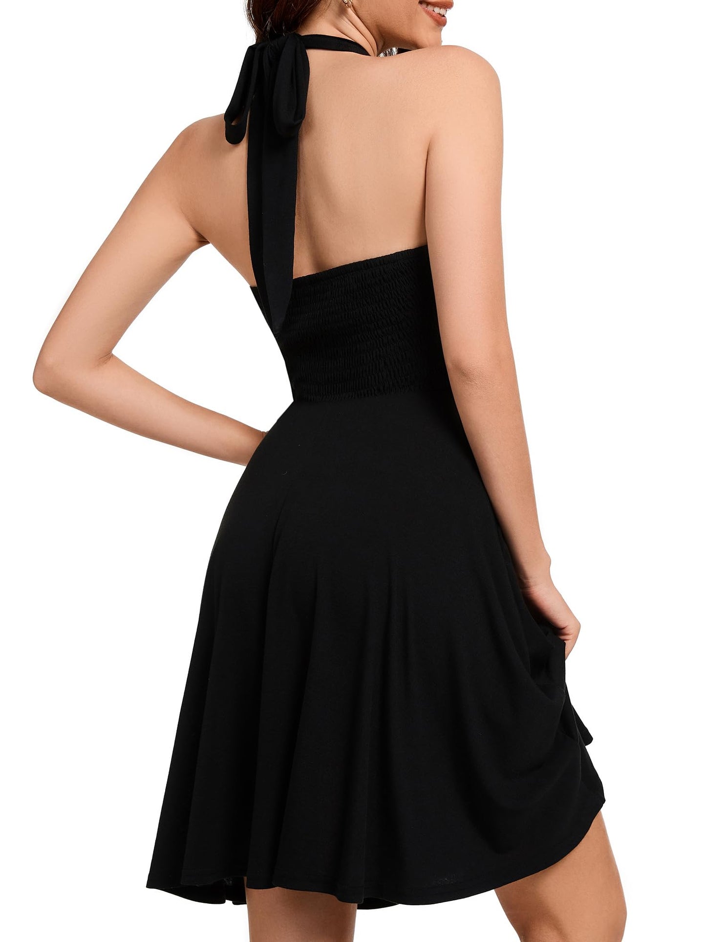 Women's Sexy Sundress Halter V Neck Tie Back Sleeveless Ruffle Mini Short Summer Beach Dresses