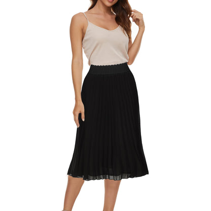Womens Chiffon High Waist Skirt Pleated A-Line Swing Elastic Shirring Midi Length