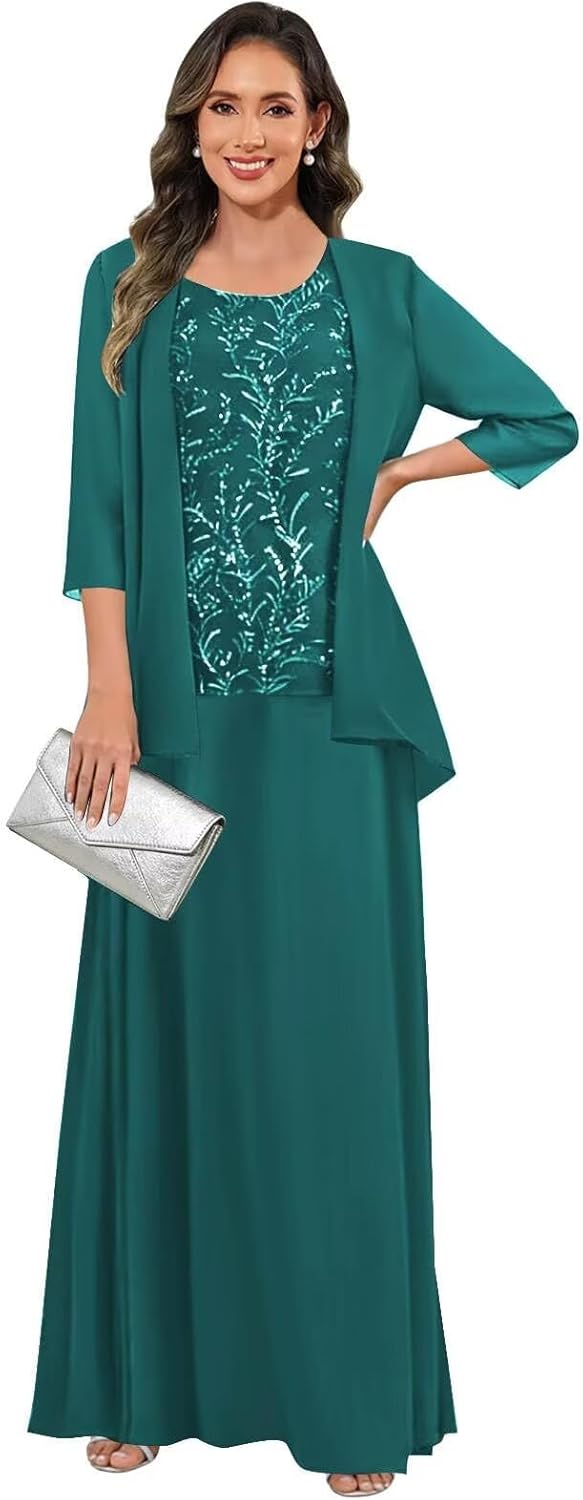 3 Pieces Mother of The Bride Dresses for Women 3/4 Sleeves Chiffon Lace Long Formal Wedding Guest Dress