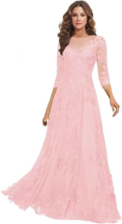 Lace Mother of the Bride Dress Long for Wedding Party Guest 3/4 Sleeves Formal Evening Gown JH028