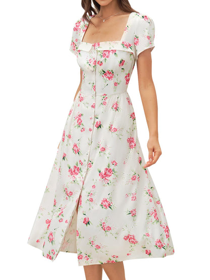 RIHOAS Elegant Casual Dresses for Women Short Sleeve Puff Square Neck A-Line Midi Dress
