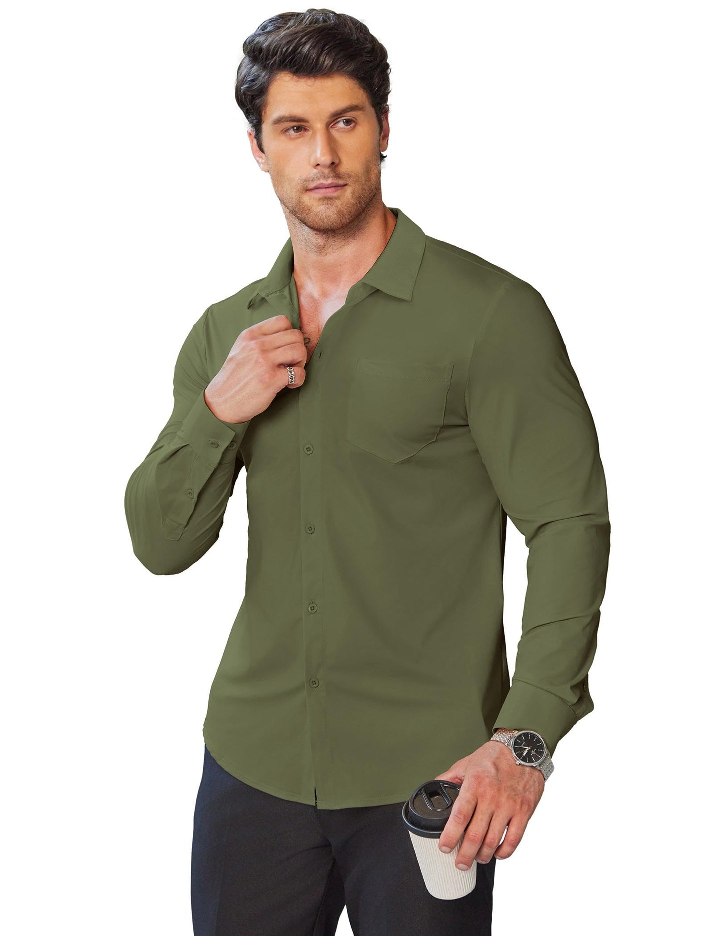 COOFANDY Stretch Mens Dress Shirts Wrinkle Free Long Sleeve Dress Shirt Muscle Fit Button Down Shirt