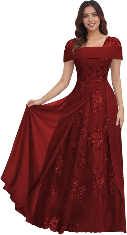 Lace Sequin Applique Mother of The Bride Dresses for Wedding Cap Sleeve A Line Long Wedding Guest Dresses for Women