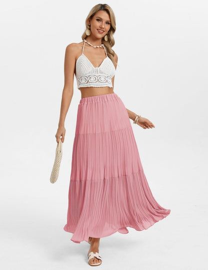 Kate Kasin 2026 Women's Chiffon Maxi Skirt, High Waist Pleated Skirts, Summer Flowy Long Skirts with Underskirt